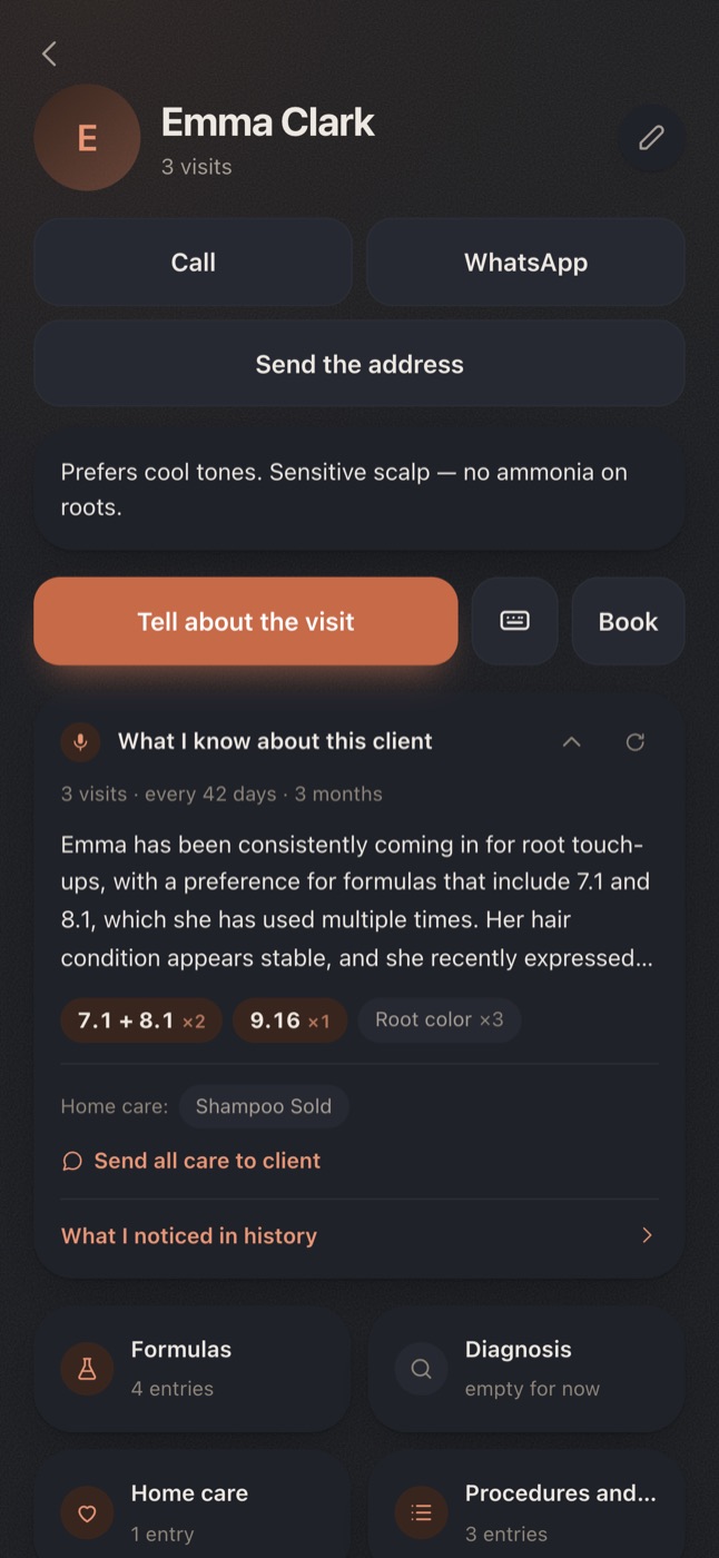 A client card in Scripta: formulas 7.1 + 8.1, visits every 42 days, home care sold.